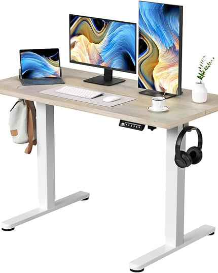 Electric Standing Desk, 48 X 24 Inches Adjustable Height Desk, Modern Sit Stand Up Desk with Splice Board and 2 Hooks, Ergonomic Rising Desk for Home Office, Oak Wood Grain - LeafyLoom