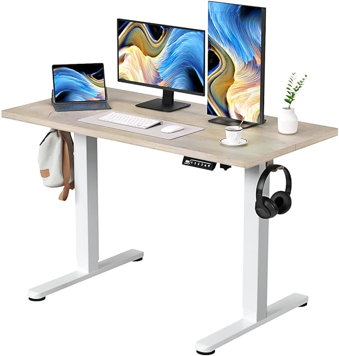Electric Standing Desk, 48 X 24 Inches Adjustable Height Desk, Modern Sit Stand Up Desk with Splice Board and 2 Hooks, Ergonomic Rising Desk for Home Office, Oak Wood Grain - LeafyLoom