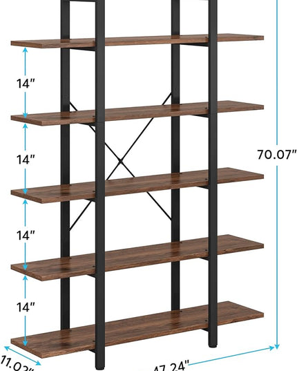 Tribesigns 5-Tier Bookshelf, Vintage Industrial Style Bookcase 72 H x 12 W x 47L Inches, Retro Brown - LeafyLoom