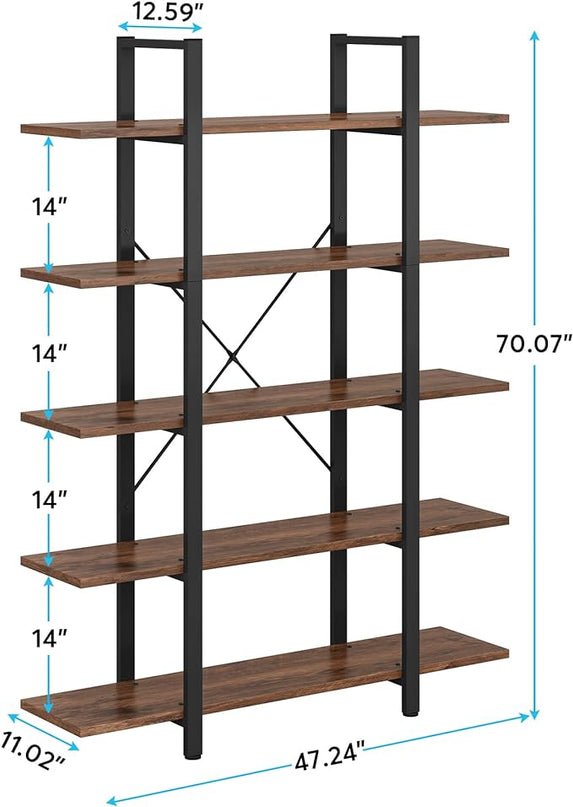 Tribesigns 5-Tier Bookshelf, Vintage Industrial Style Bookcase 72 H x 12 W x 47L Inches, Retro Brown - LeafyLoom
