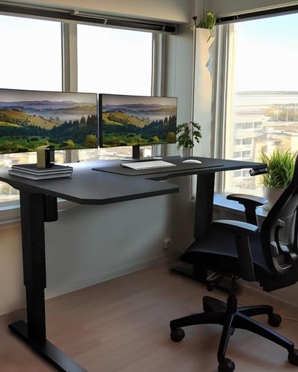 Adjustable Height L-Shaped Electric 59 Inch Sit-Stand Computer Desk with 3 Splice Boards, Lockable Casters-Ideal for Home Office, 59Inch, Black - LeafyLoom