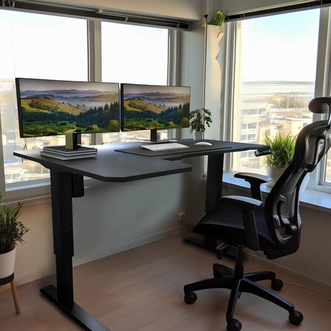 Adjustable Height L-Shaped Electric 59 Inch Sit-Stand Computer Desk with 3 Splice Boards, Lockable Casters-Ideal for Home Office, 59Inch, Black - LeafyLoom