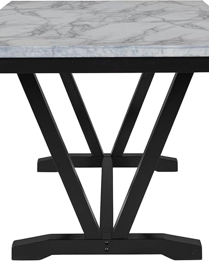 Modern Style Dining, 6-piece Kitchen Room Set with 4 Upholstered Chairs & 1 Bench, Marbled Veneers Tabletop and V-shaped Table Legs, White, Onesize - LeafyLoom