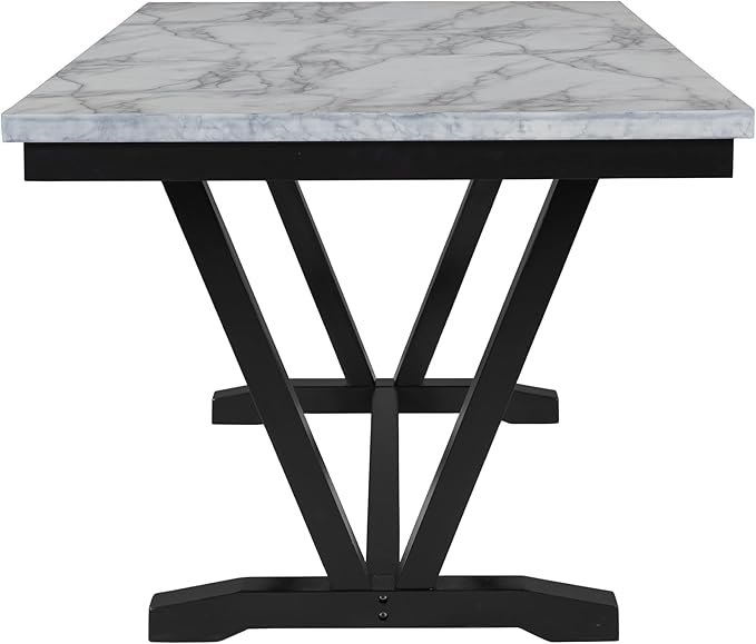 Modern Style Dining, 6-piece Kitchen Room Set with 4 Upholstered Chairs & 1 Bench, Marbled Veneers Tabletop and V-shaped Table Legs, White, Onesize - LeafyLoom