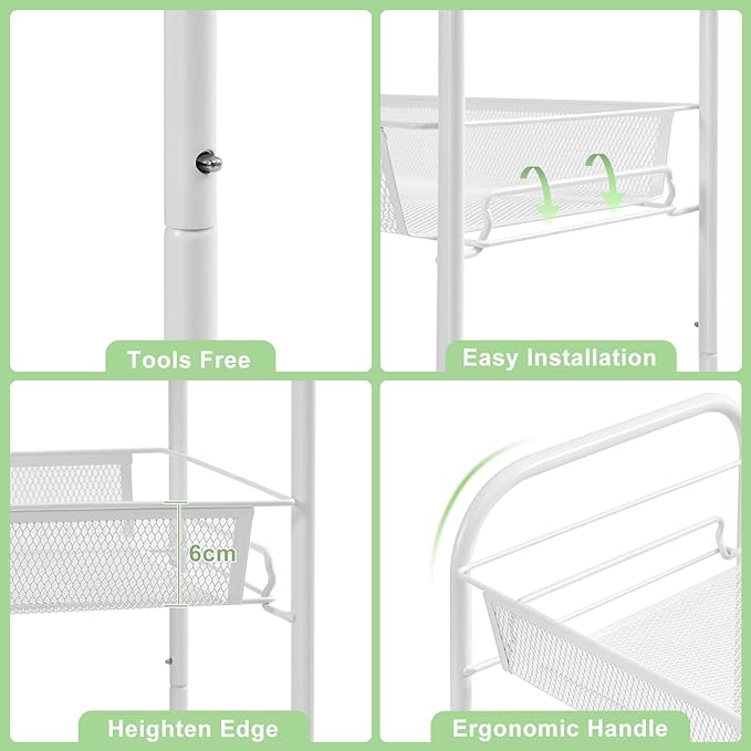 TOOLF 3-Tier Metal Rolling Cart, Mesh Wire Easy Assemble Utility Cart, Storage Trolley on Wheels with 3 Hooks, MetalStorage Shelving Units for Kitchen Bathroom Laundry Room - LeafyLoom