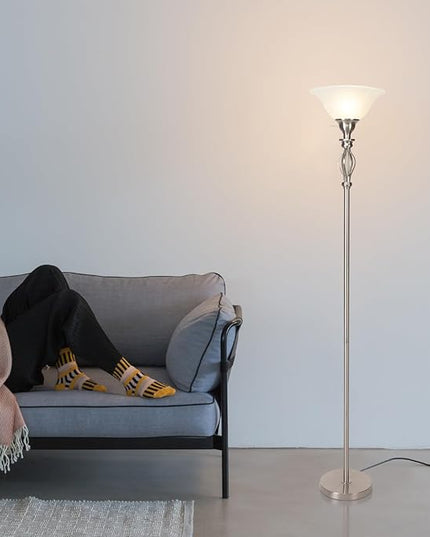 Torchiere Floor Lamps for Living Room & Bedroom – Stand Up Lamp with Corner Floor Lamp Design – Traditional Iron Scroll 70" Tall Alabaster Glass Bowl Shade (Brushed Nickel) - LeafyLoom