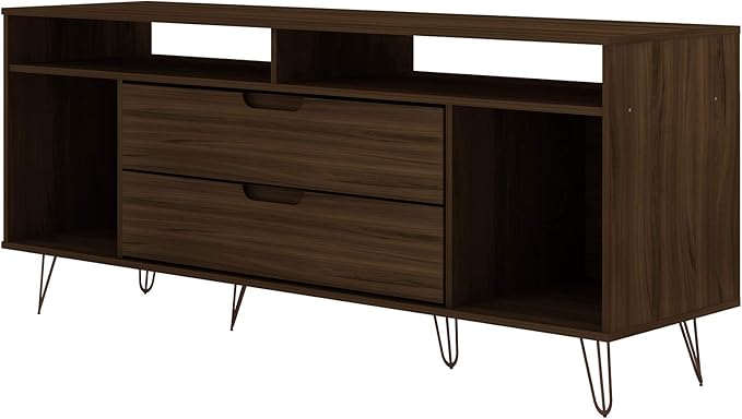 Manhattan Comfort Rockefeller Modern 2 Drawers Living Room Television Stand with Metal Legs, 62.99", Brown - LeafyLoom