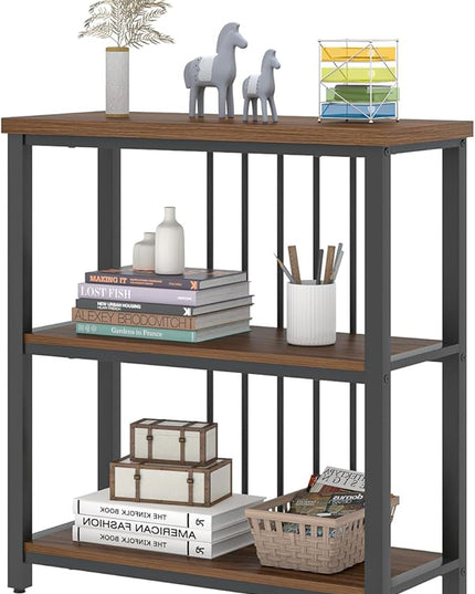 FOLUBAN Bookshelf, Small Modern 3 Tier Bookcase, Wood and Metal Standing Storage Book Shelves for Living Room, Office, Bedroom (Rustic Walnut) - LeafyLoom