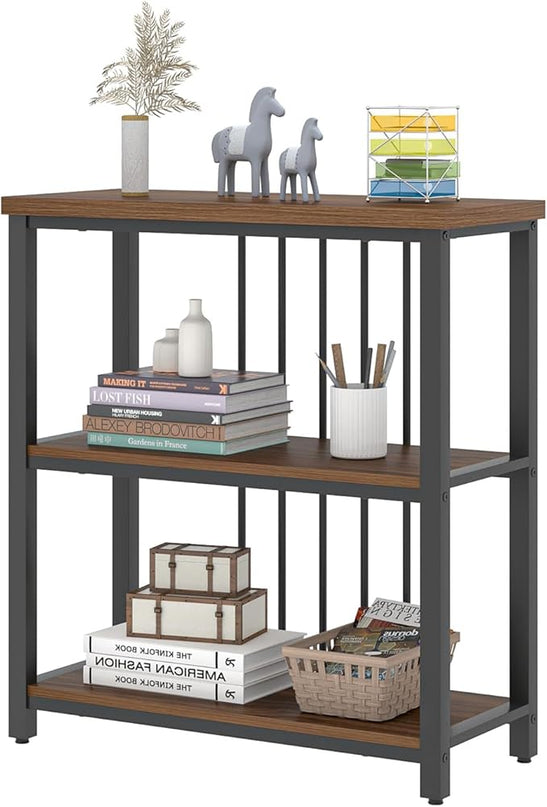 FOLUBAN Bookshelf, Small Modern 3 Tier Bookcase, Wood and Metal Standing Storage Book Shelves for Living Room, Office, Bedroom (Rustic Walnut) - LeafyLoom