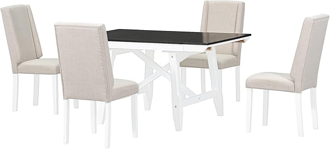 Farmhouse 6-Piece Dining Set, Included Solid Wood Rectangular Extendable Table with Two 12" W Removable Leaves and 4 Upholstered Chairs & a Bench, Home Kitchen Furniture, Black+Brown+White - LeafyLoom