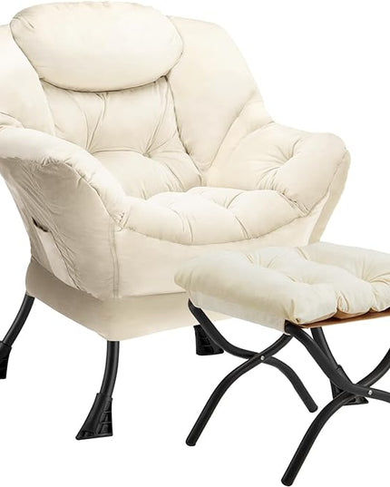 Lazy Chair with Folding Ottoman Modern Large Accent Chair,Contemporary Lounge Leisure Sofa Chair with Armrests Upholstered Sofa Armchair Reading Chair for Bedroom,Dorm & Office,Beige - LeafyLoom