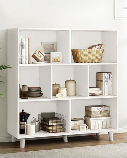 IOTXY Open Cube Low Bookcase - 3-Tier Freestanding Storage Display Cabinet Organizer with Legs for Home Office, 7-Cubes Open Shelf Short Bookshelf, White - LeafyLoom