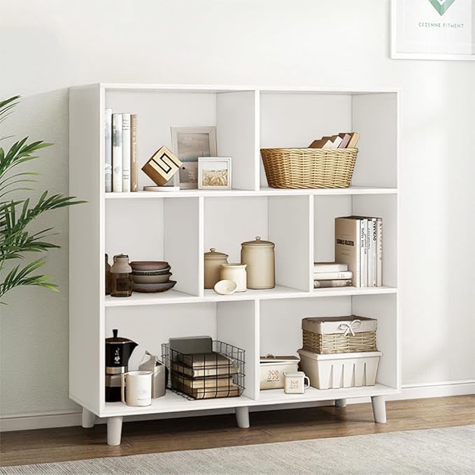IOTXY Open Cube Low Bookcase - 3-Tier Freestanding Storage Display Cabinet Organizer with Legs for Home Office, 7-Cubes Open Shelf Short Bookshelf, White - LeafyLoom