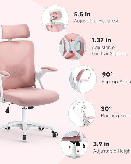 SEATZONE Office Chair, Ergonomic Desk Chair with Adjustable Headrest,Lumbar Support, High Back Mesh Computer Chair with Wheels and Flip-up Armrests,Executive Chairs(Peach Pink) - LeafyLoom