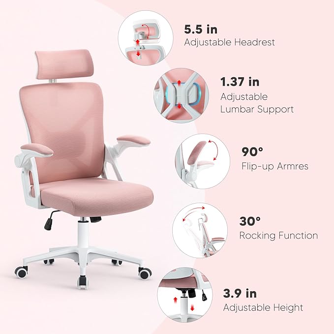 SEATZONE Office Chair, Ergonomic Desk Chair with Adjustable Headrest,Lumbar Support, High Back Mesh Computer Chair with Wheels and Flip-up Armrests,Executive Chairs(Peach Pink) - LeafyLoom