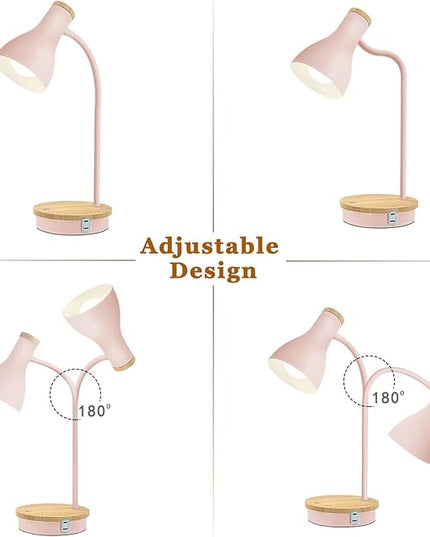 Metal Desk Lamp Touch Reading Lights Table Lamp Arc Desk Lamps for Bedroom, 3 Way Dimmable Bedside Lamp with USB Charging Ports, Reading Lamp for Study Room and Office (Pink-02) - LeafyLoom
