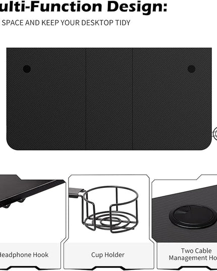 TOPSKY Gaming Desk Large Surface 63’’x31.5’’ with Cup Holder, Headphone Hook and Cable Management (Black) - LeafyLoom