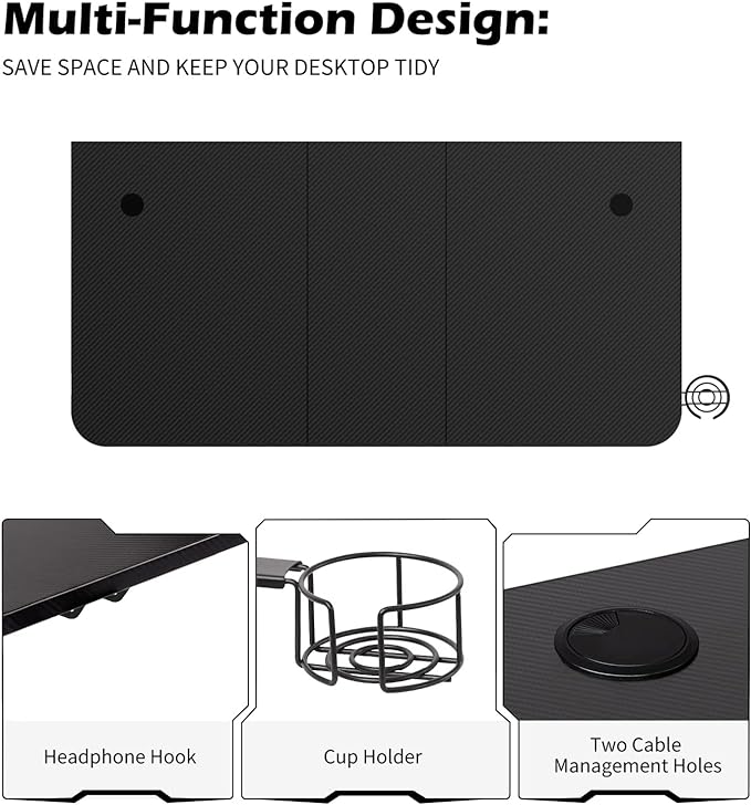 TOPSKY Gaming Desk Large Surface 63’’x31.5’’ with Cup Holder, Headphone Hook and Cable Management (Black) - LeafyLoom
