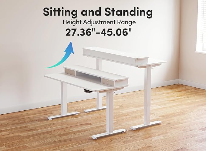 BANTI 40x24 Inch Electric Standing Desk with Double Drawers, Adjustable Height Stand Up Desk, Sit Stand Home Office Desk with Storage Shelf, White Top - LeafyLoom
