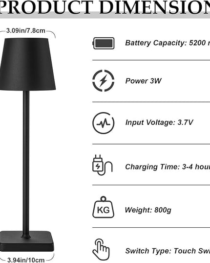 1 Pack Black Cordless Table Lamp, LED Rechargeable Desk Lamp, 5200mAh Battery Operated Table Light, Aluminum Shell, 3 Color Stepless Dimming Up Waterproof for Restaurant/Indoor/Outdoor (Black) - LeafyLoom