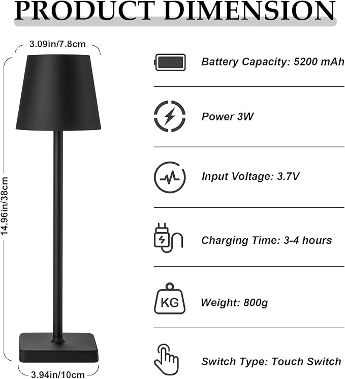 1 Pack Black Cordless Table Lamp, LED Rechargeable Desk Lamp, 5200mAh Battery Operated Table Light, Aluminum Shell, 3 Color Stepless Dimming Up Waterproof for Restaurant/Indoor/Outdoor (Black) - LeafyLoom