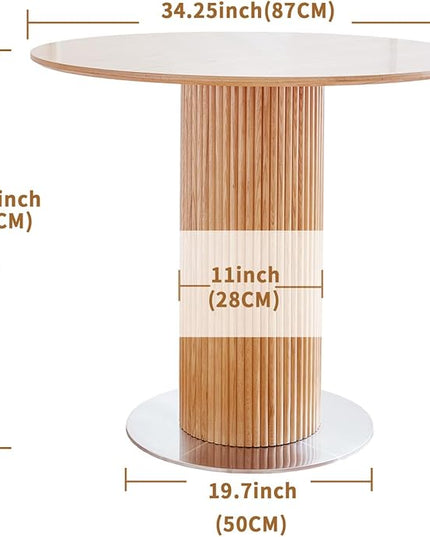 Round Wood Dining Table，Wooden Trestle Pedestal Base on Stainless Steel Plate，Small Space Kitchen Table，34.25" Modern Circular Tabletop for Kitchen, Dining Room, Restaurant，Cafe (Natural) - LeafyLoom