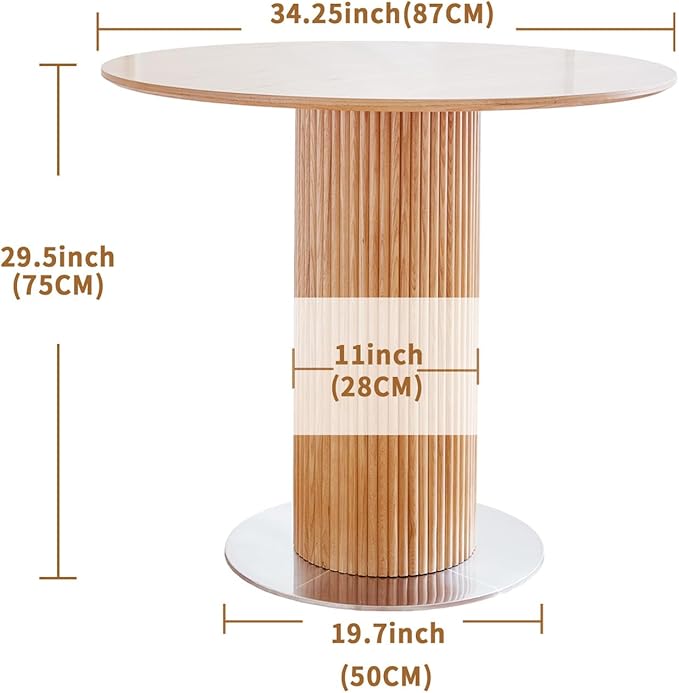 Round Wood Dining Table，Wooden Trestle Pedestal Base on Stainless Steel Plate，Small Space Kitchen Table，34.25" Modern Circular Tabletop for Kitchen, Dining Room, Restaurant，Cafe (Natural) - LeafyLoom