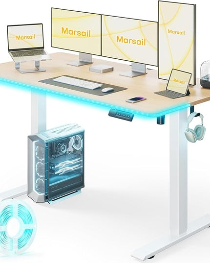 Marsail Electric Standing Desk Adjustable Height, 55 * 24 Inch Sit Stand up Desk for Home Office Furniture Computer Desk with 3 Memory Presets, Headphone Hook, Light Maple - LeafyLoom