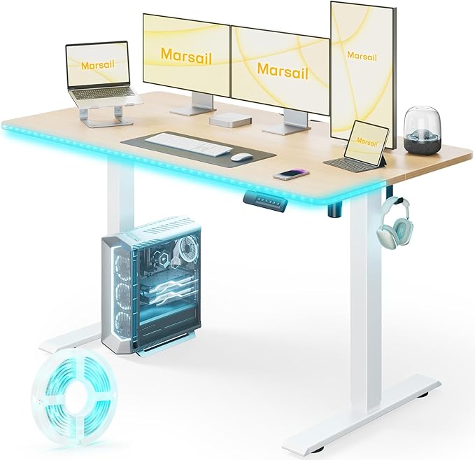 Marsail Electric Standing Desk Adjustable Height, 55 * 24 Inch Sit Stand up Desk for Home Office Furniture Computer Desk with 3 Memory Presets, Headphone Hook, Light Maple - LeafyLoom