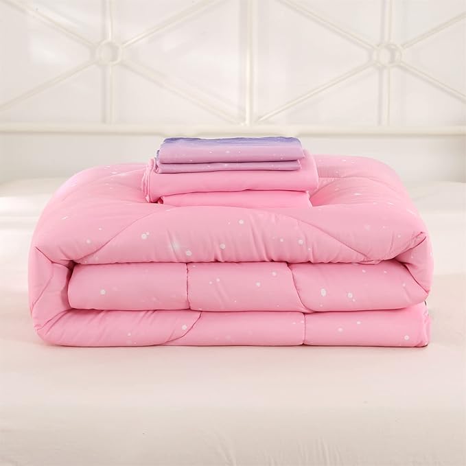 Wowelife Glitter Teen Bedding Sets for Girls Gradient Full Size 5 Pieces Comforter Set Pink Purple Kids Comforter Sets Lightweight with Comforter, Flat Sheet, Fitted Sheet and 2 Pillowcases - LeafyLoom