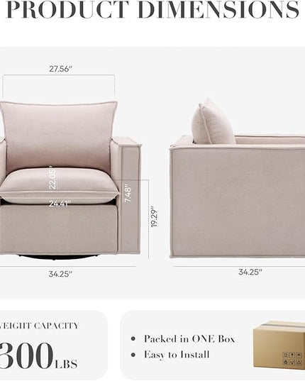 Swivel Accent Chair Set of 2, 34 Inches Wide Upholstered Arm Chair with Plump Back Pillow, Modern Sofa Living Room Chair for Bedroom, Corner, Reading Nook-Camel - LeafyLoom