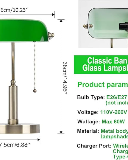 FIRVRE Bankers Lamp with2 USB and Wireless Charging Port，Pull Chain Switch Green Glass Desk Lamp， E26 Base,Traditional Library Desk Lamps for Home Office,Bedroom,Piano - LeafyLoom