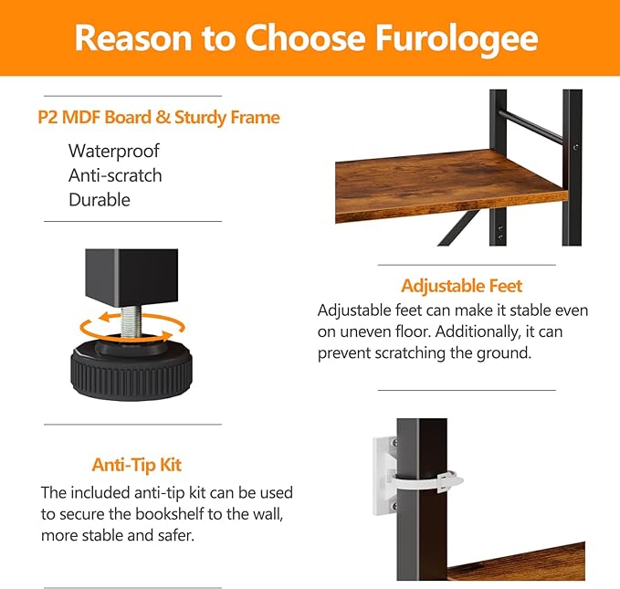 Furologee 5 Tier Tall Bookshelf, Rustic Narrow Bookcase, Display Standing Shelf Units, Metal and Wood Storage Shelves Organizer for Bedroom, Living Room, Home Office, Entryway, Kitchen, Rustic Brown - LeafyLoom