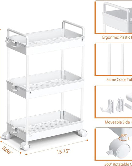 Ronlap 3 Tier Classic Storage Rolling Cart Slim Storage Cart with Wheels Slide Out Storage Rolling Cart Organizer Plastic for Bathroom Laundry, White - LeafyLoom
