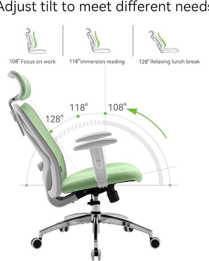 SIHOO M18 Ergonomic Office Chair, Computer Desk Chair with Adjustable Headrest and Lumbar Support, High Back Executive Swivel Chair for Home Office (Light Green) - LeafyLoom