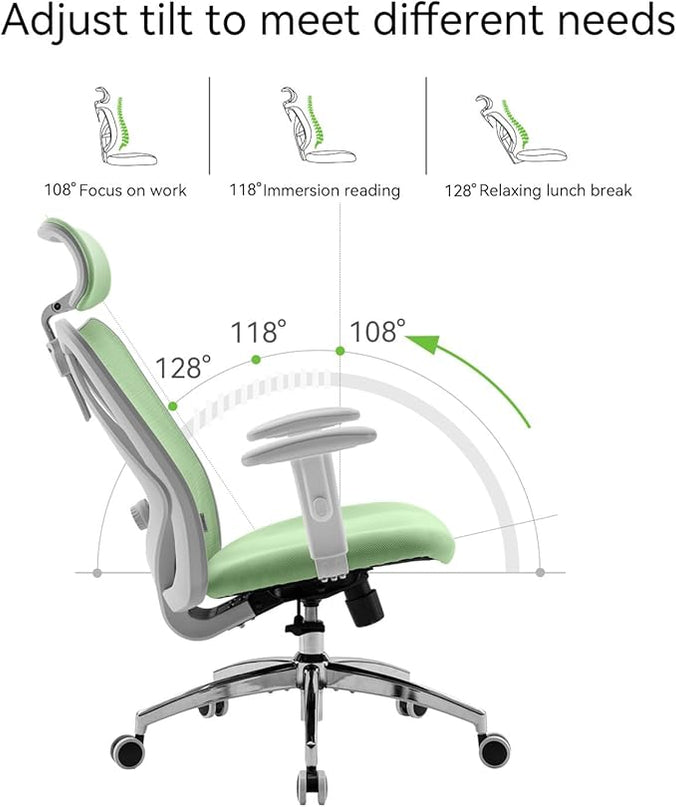 SIHOO M18 Ergonomic Office Chair, Computer Desk Chair with Adjustable Headrest and Lumbar Support, High Back Executive Swivel Chair for Home Office (Light Green) - LeafyLoom