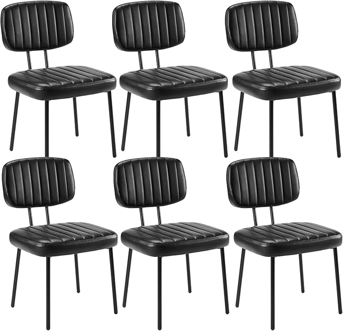 Sweetcrispy Dining Chairs Set of 6, Upholstered Mid Century Modern Kitchen Dining Room Accent Chairs with Faux Leather Cushion Seat & Metal Legs for Kitchen, Living Room - Black - LeafyLoom