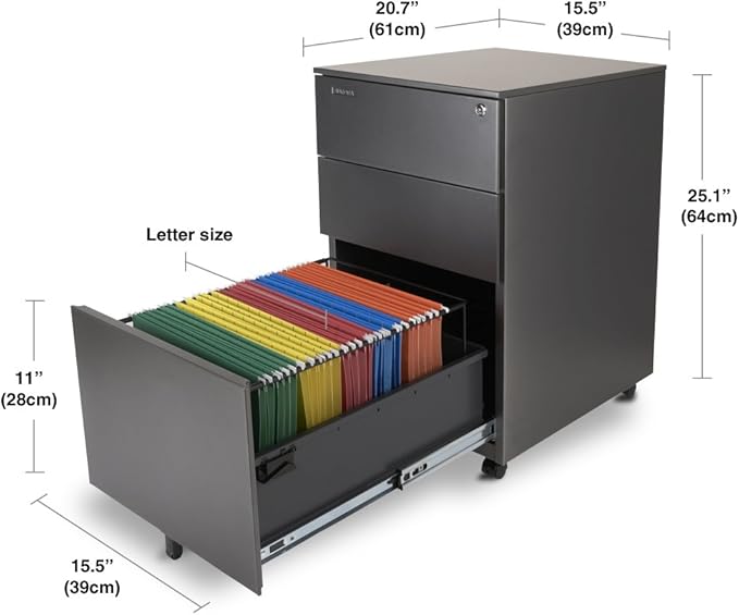 Aurora Modern SOHO Design 3-Drawer Metal Mobile File Cabinet with Lock Key Sliding Drawer, Fully Assembled, Metallic Charcoal - LeafyLoom