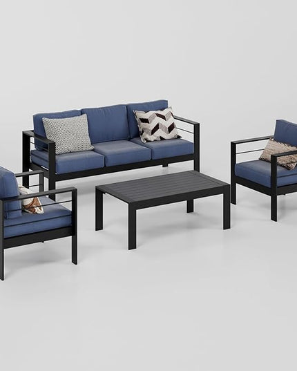 Wisteria Lane Aluminum Outdoor Patio Furniture Set, 4 Pcs Modern Outdoor Conversation Set Sectional Sofa with Upgrade Cushion and Coffee Table for Balcony,Black Frame and Blue Cushion - LeafyLoom