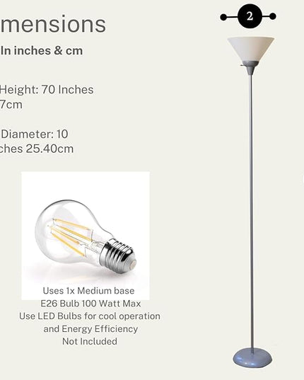 Stand Up Floor Lamp in Silver - Stylish and Functional Torchiere with Opal White Cone Shade, 70-Inch Tall Lamp Ideal for Living Rooms and Bedrooms - Contemporary Floor Lamps for Living Room - LeafyLoom