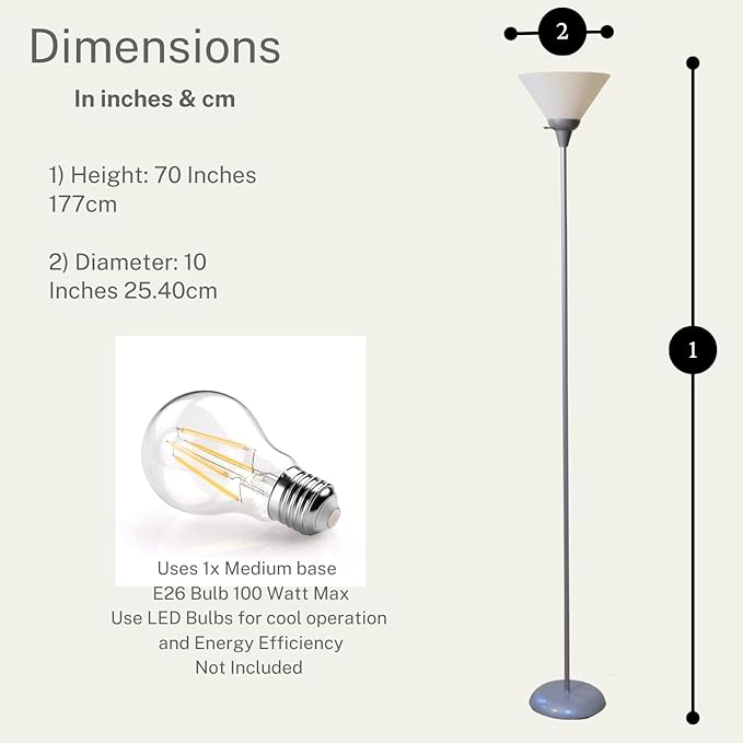Stand Up Floor Lamp in Silver - Stylish and Functional Torchiere with Opal White Cone Shade, 70-Inch Tall Lamp Ideal for Living Rooms and Bedrooms - Contemporary Floor Lamps for Living Room - LeafyLoom