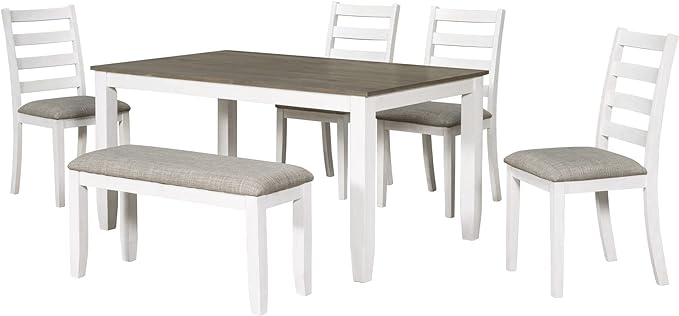 Rustic 6-Piece Dining Table Set with 4 Ergonomic Designed Upholstered Chairs and Bench for Home, Apartment, DiningRoom, Dinette, Solid Wood Kitchen Furniture, 60 inch, Brown + Whitewash - LeafyLoom