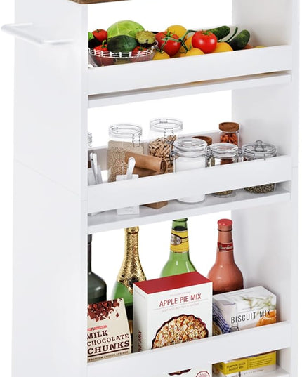 TEAMIX 4 Tier White Slim Storage Cart with Handle, 7.9''W Slide Out Storage Rolling Utility Cart Mobile Shelving Unit Organizer Trolley for Small Spaces Kitchen Laundry Narrow Places - LeafyLoom