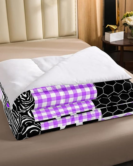 Erosebridal Cute Cow Print Comforter Set Queen Size Kawaii Highland Cow Bedding Set Bedroom Decor Honeycomb Plaid Pattern Geometric Stripes Down Comforter Farm Animals Duvet Set, Purple Black Grey - LeafyLoom