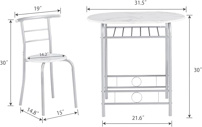 VECELO 3-Piece Dining Table Set for Kitchen Breakfast Nook, Wood Grain Oval Tabletop and Metal Frame with Built-in Wine Rack, for Small Spaces, 31.5", White & Silver - LeafyLoom