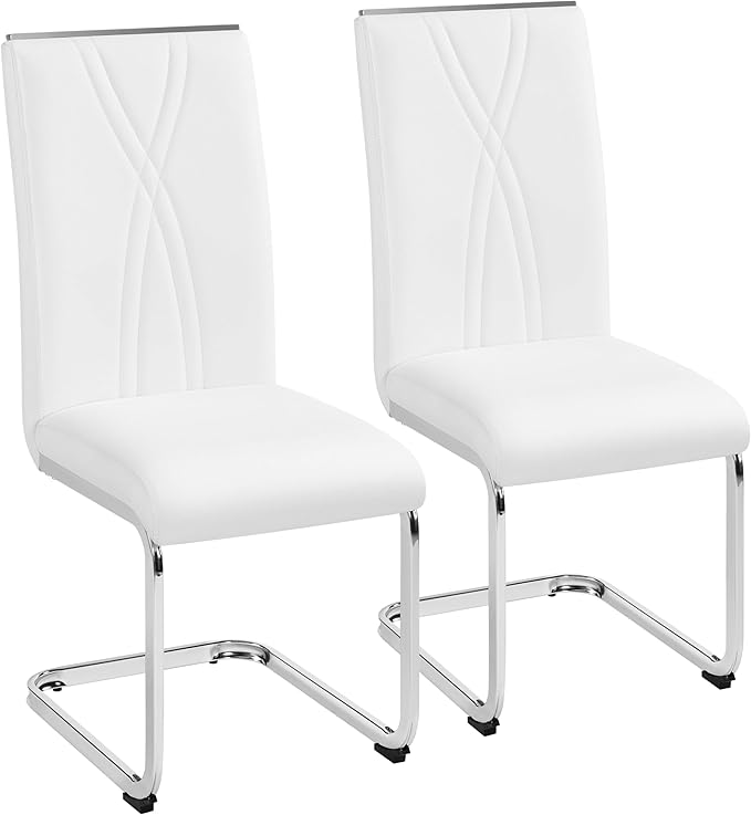 Yaheetech Dining Chairs Set of 2 Modern Dining Room Chairs Kitchen Chairs with Faux Leather Seat, Metal Legs and High Back for Dining Room, Kitchen, White - LeafyLoom