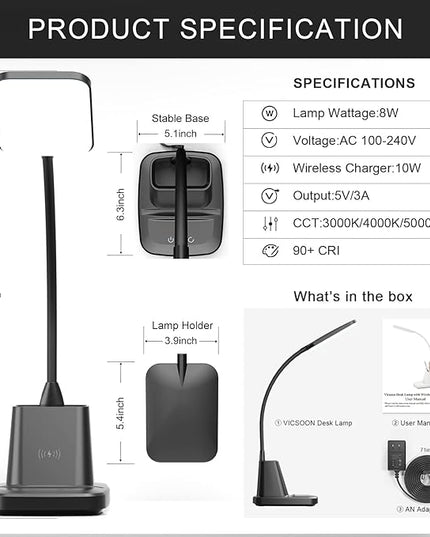 Desk Lamp for Home Office, LED Desk Lamp with Wireless Charger Pen Holder, Dimmable Desk Light with 3 Color Modes, Black Office Lamp for Dorm - LeafyLoom