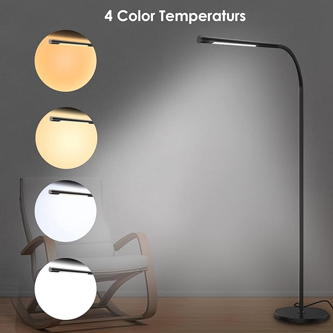 LED Modern Floor Lamps, Flexible Gooseneck Standing Reading Light W/Stable Base, 4 Color & 5 Brightness Dimmer, Touch & Remote Control, for Living Room, Chair, Couch, Office Task (Black) - LeafyLoom