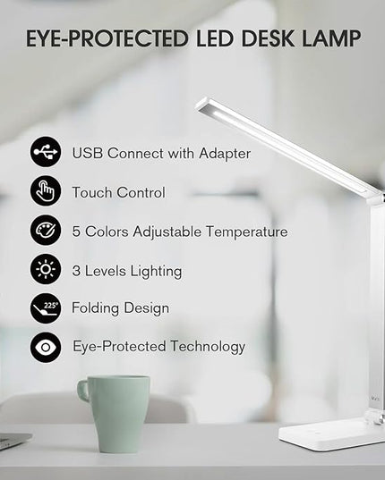 mafiti LED Desk Lamp for Home Office,Touch Desk Light 5 Light Modes 3 Brightness,Foldable Table Lamp with Adjustable Arm,Eye-Caring Lamp with USB Port, Bedside Lamp for Working Reading Study,White - LeafyLoom