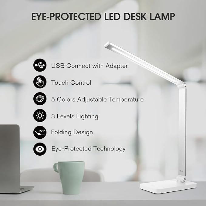 mafiti LED Desk Lamp for Home Office,Touch Desk Light 5 Light Modes 3 Brightness,Foldable Table Lamp with Adjustable Arm,Eye-Caring Lamp with USB Port, Bedside Lamp for Working Reading Study,White - LeafyLoom